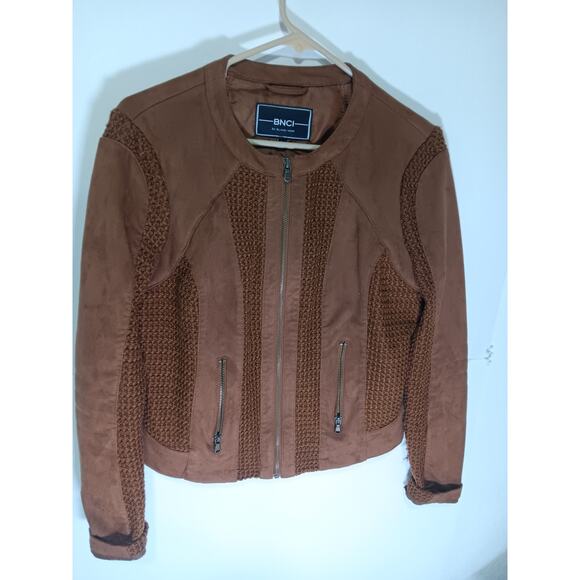 BNCI Blanc Noir Brown Faux Suede Leather Crochet Knit Zip Up Moto Jacket Size L - Picture 1 of 7
